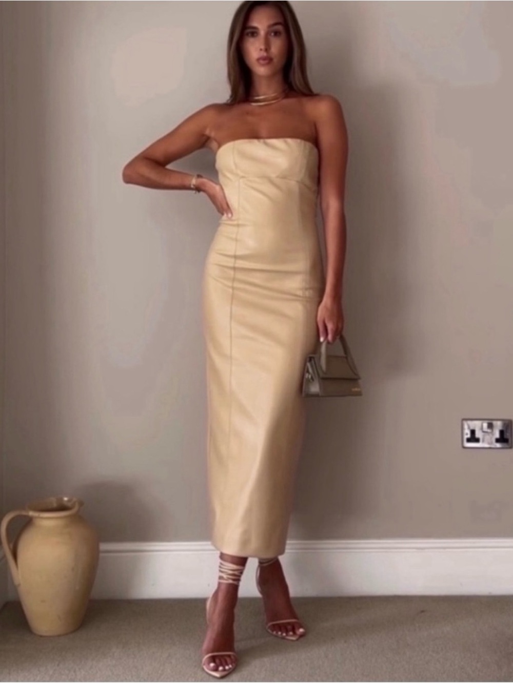 ZARA Blogger Favorite Faux Leather Strapless Midi Dress Beige M NWOT